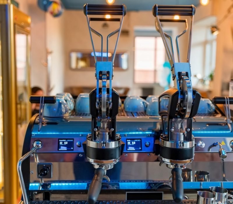 Close-up of shiny still lever espresso machine. Selective focus.